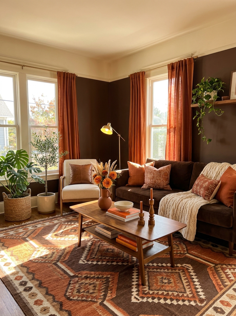 Rich Chocolate Brown with Burnt Orange and Cream
