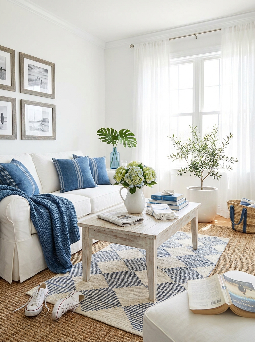 Crisp White with Denim Blue and Weathered Wood