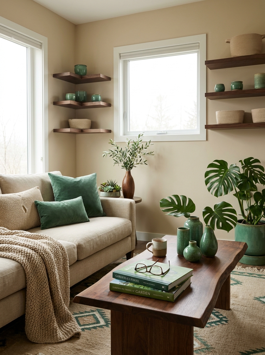Warm Sand with Jade Green and Dark Walnut