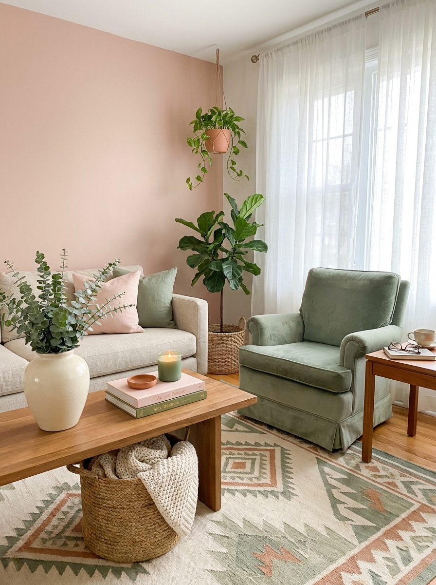 Soft Clay Pink with Sage Green and Natural Linen