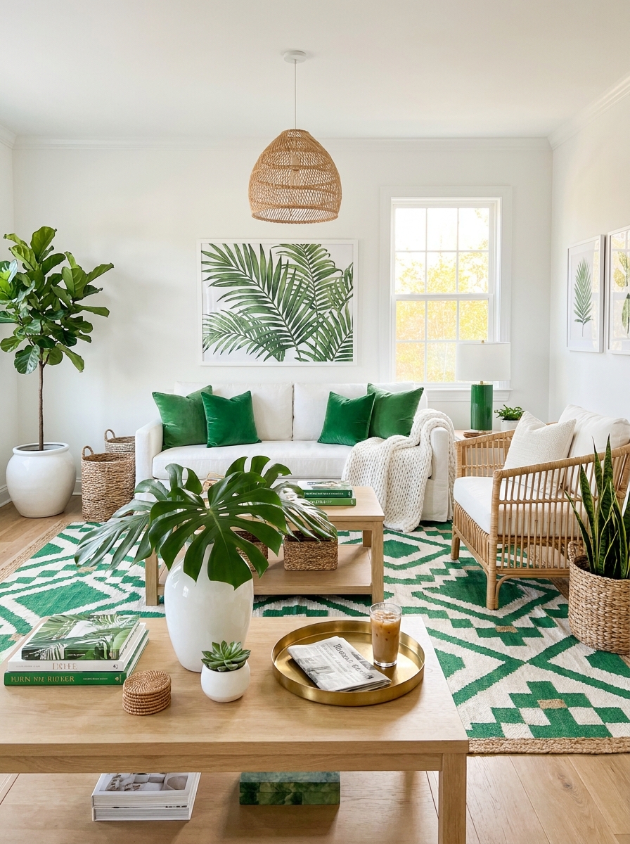 Crisp White with Kelly Green and Natural Rattan