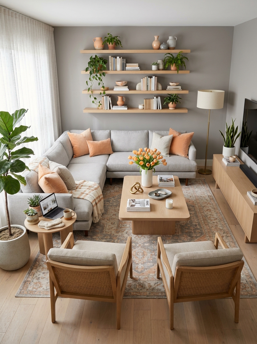 Soft Pewter Gray with Warm Apricot and White Oak