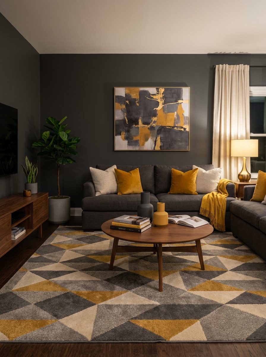 Charcoal Gray with Mustard Yellow and Walnut