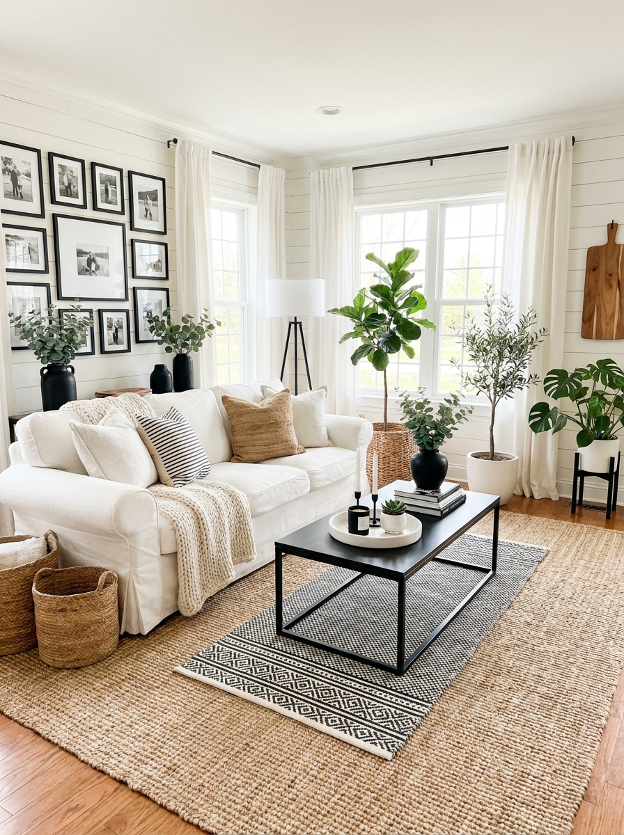Warm White with Black Accents and Natural Jute