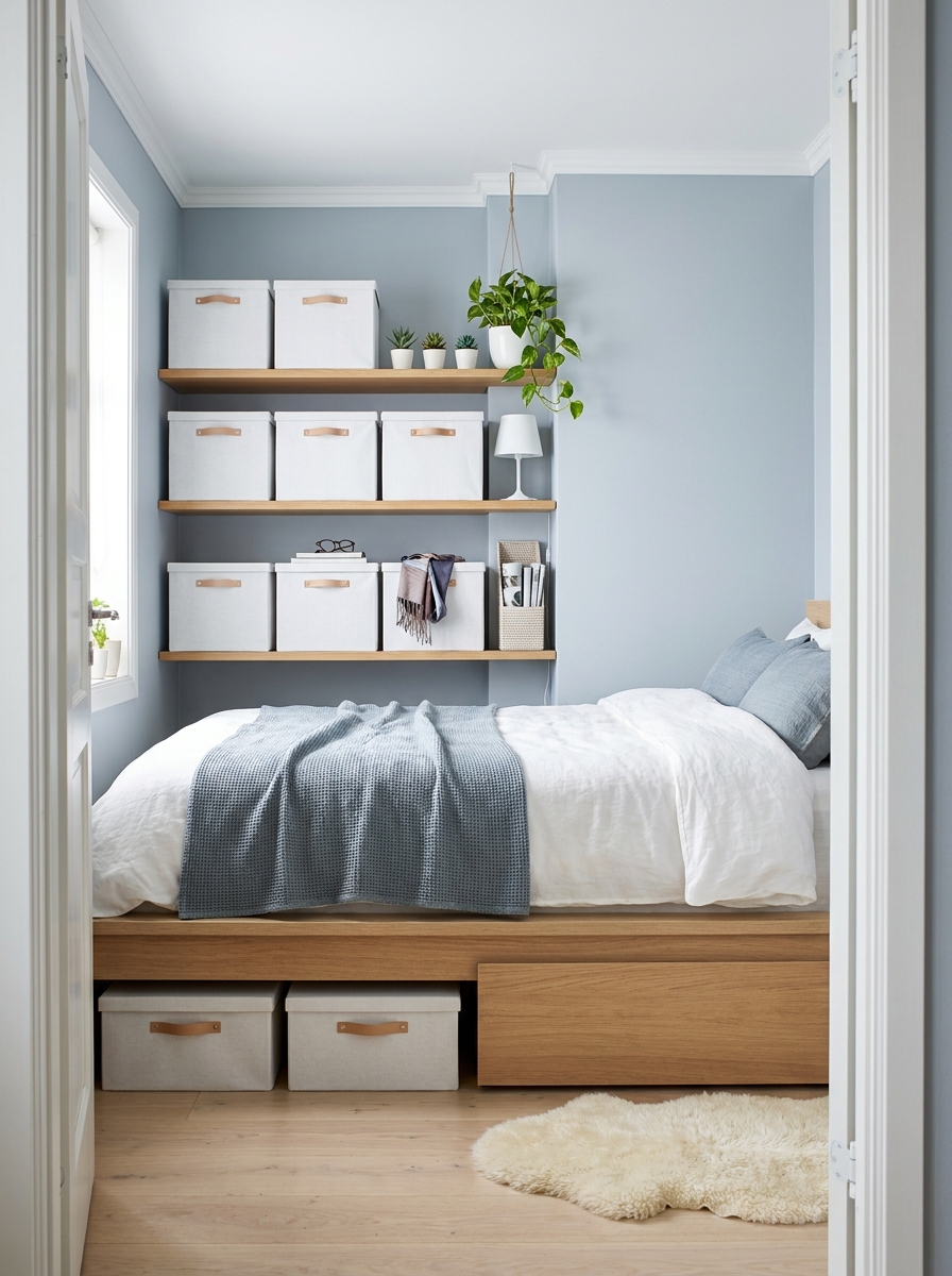 Use Matching Storage Boxes to Fake Built-In Cabinetry