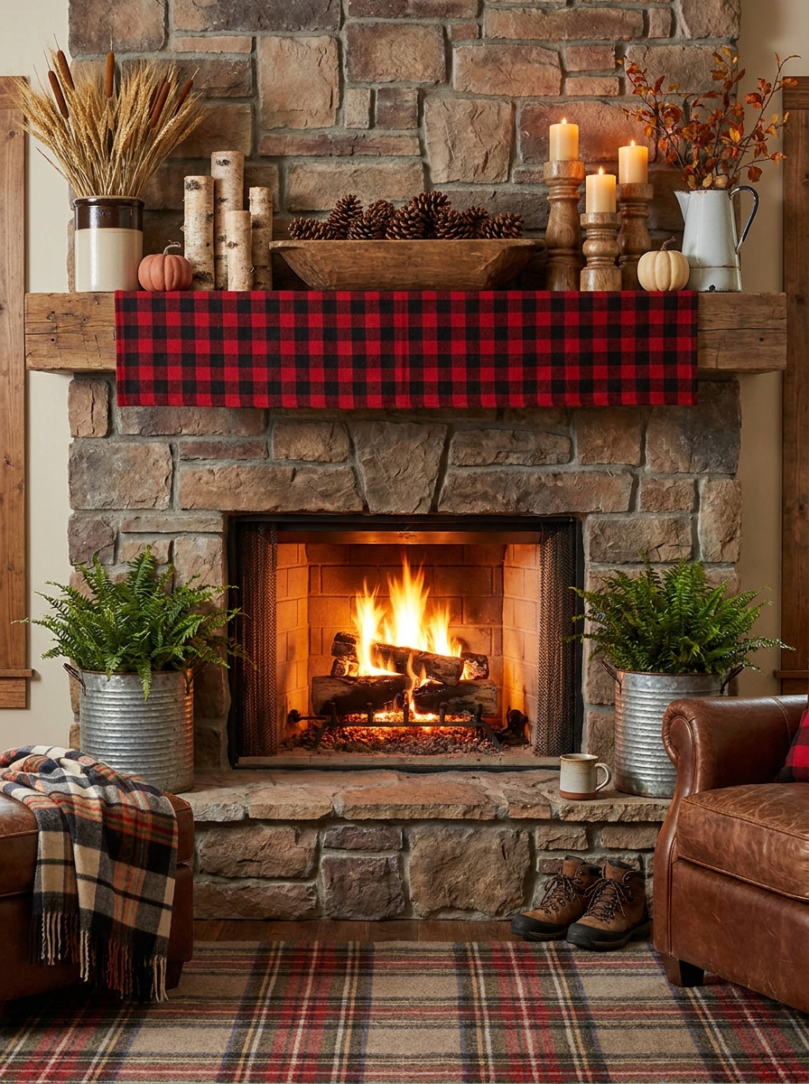 Cabin-Cozy Plaid and Pinecones