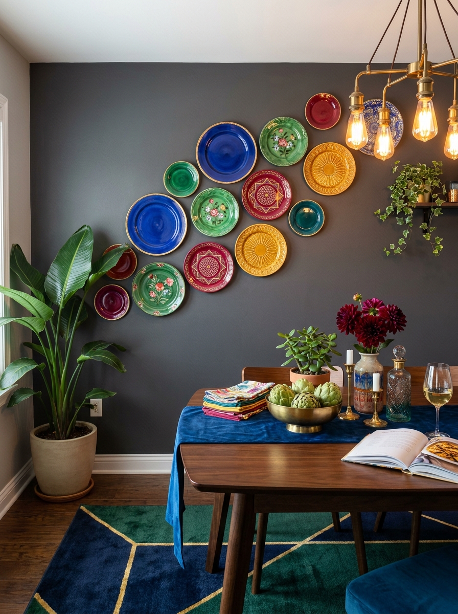 Colorful Ceramic Plate Wall in Jewel Tones