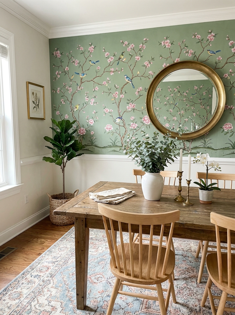 Chinoiserie Wallpaper Feature Wall with Coordinating Art