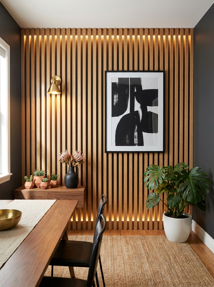 Linear Wood Slat Wall Treatment with Integrated Lighting