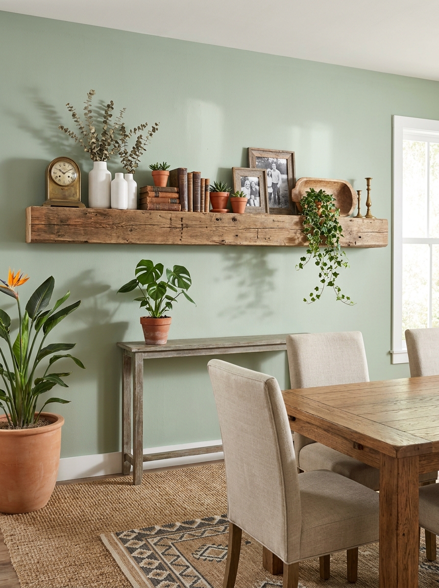 Horizontal Wood Beam Shelf Display with Collected Objects