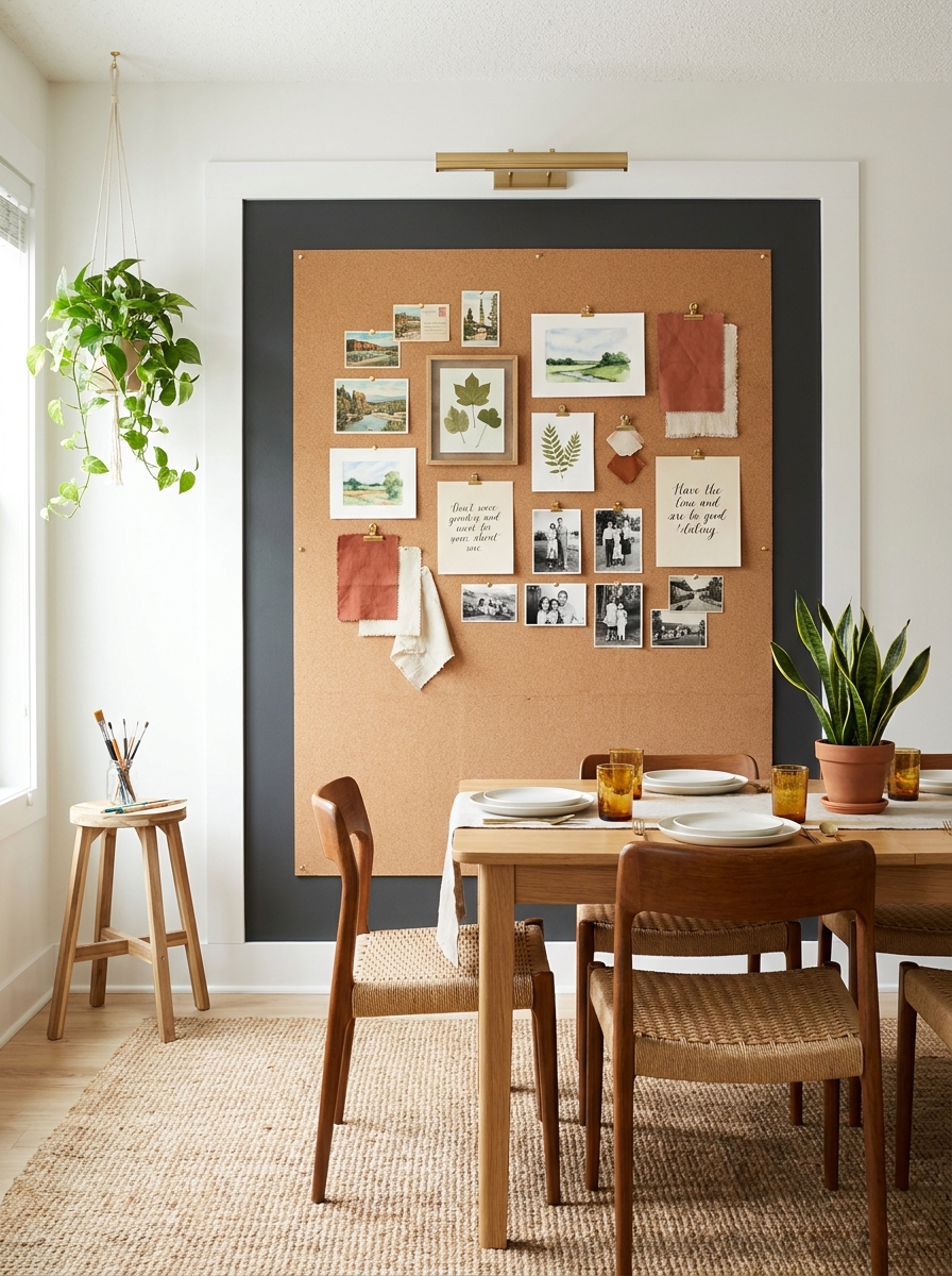 Cork Board Wall with Pinned Inspiration and Rotating Displays