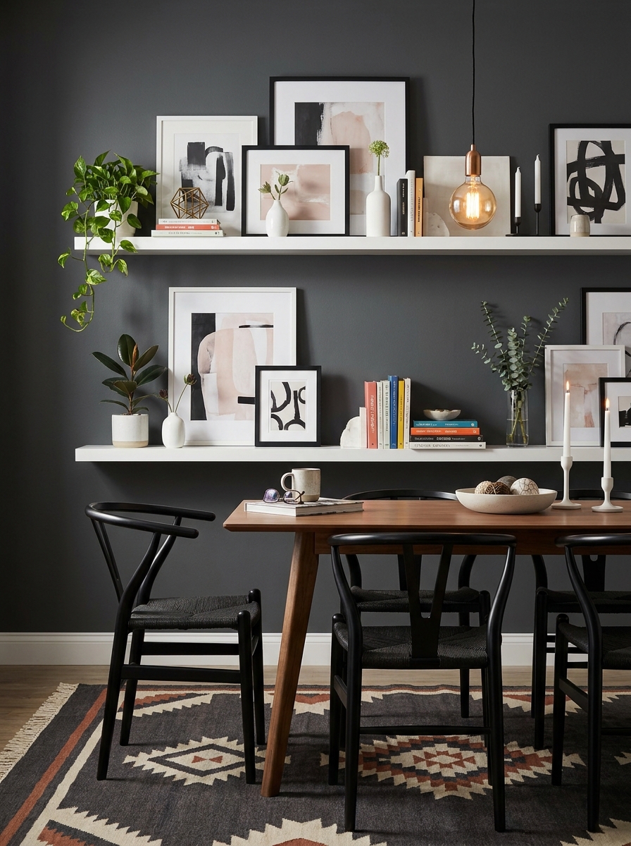 Floating Shelves with Layered Art and Objects
