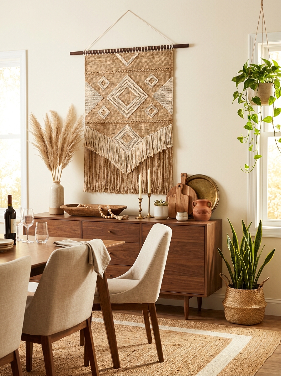 Statement Woven Wall Hanging Above the Sideboard