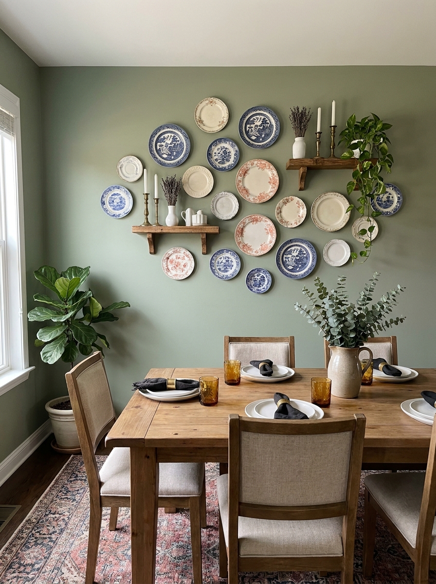 Vintage Plate Wall Arranged in Organic Clusters