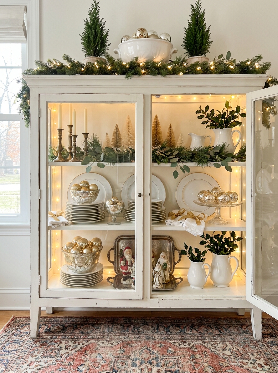 A Hutch or China Cabinet Bursting with Holiday Charm