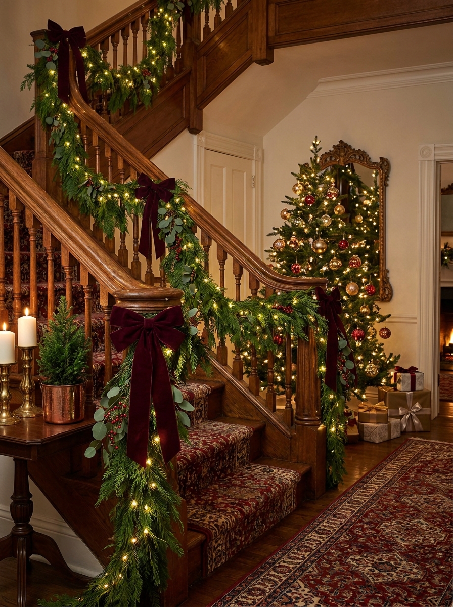 A Staircase Wrapped in Pine and Ribbon