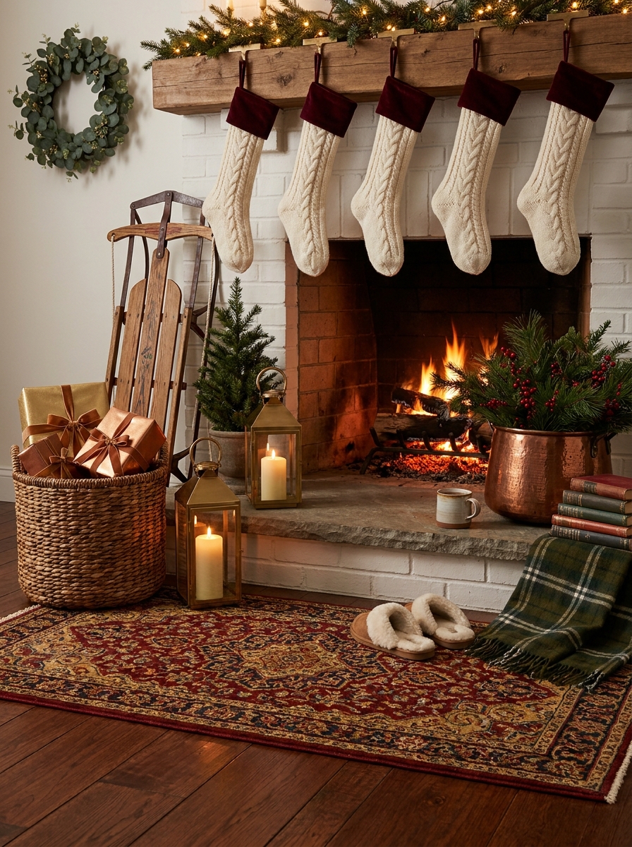 A Fireplace Hearth Dressed for Santa's Arrival