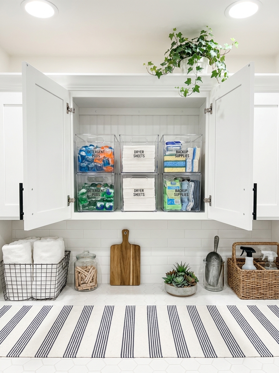 Use Clear Stackable Bins in Upper Cabinets