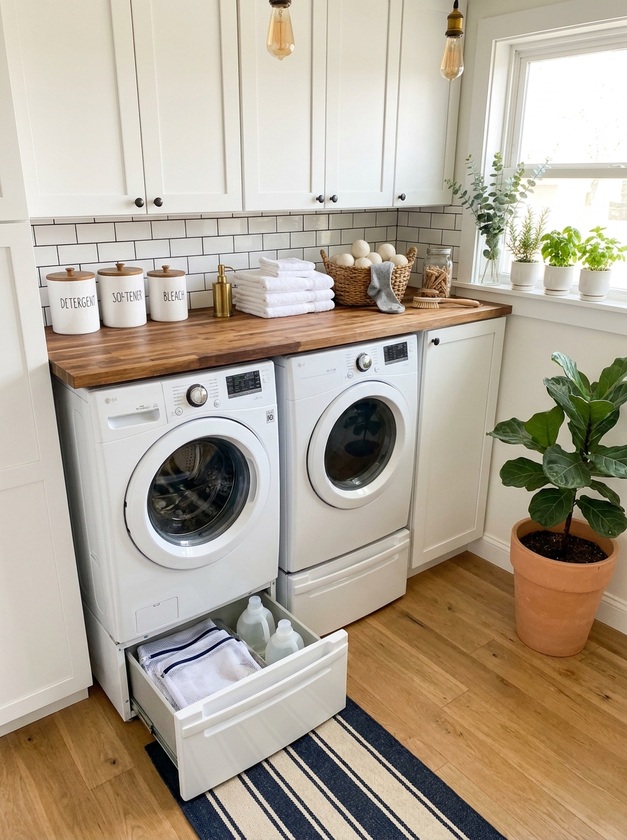 Add a Laundry Pedestal with Built-In Storage Drawers