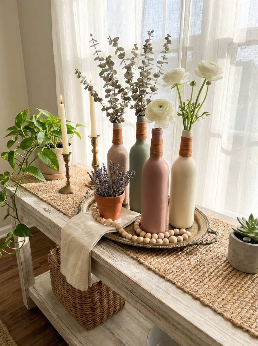 Wine Bottle Vases with Leather Wrapped Necks