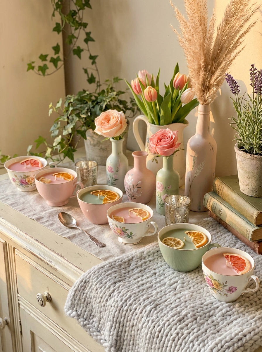 Citrus-Infused Soy Candles in Vintage Teacups