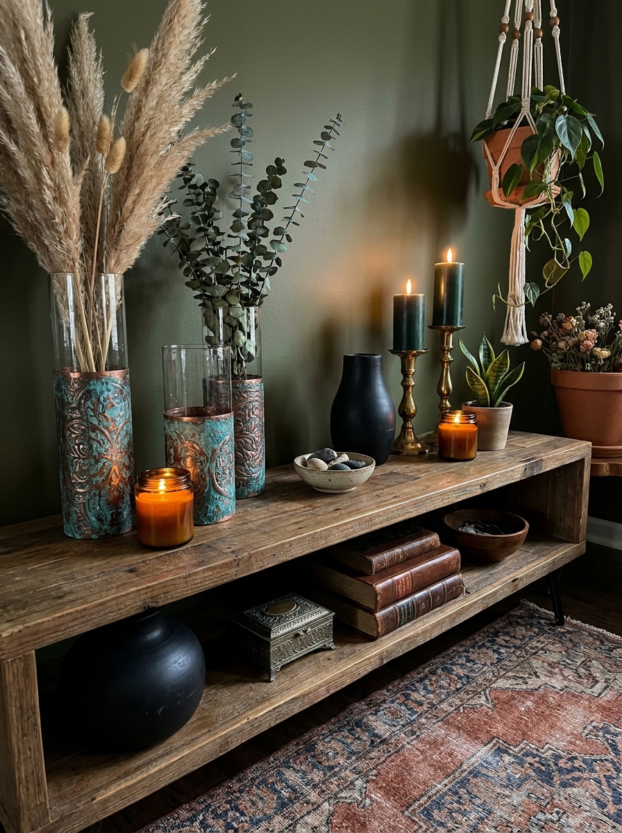Embossed Metal Vase Sleeves with Patina Finish