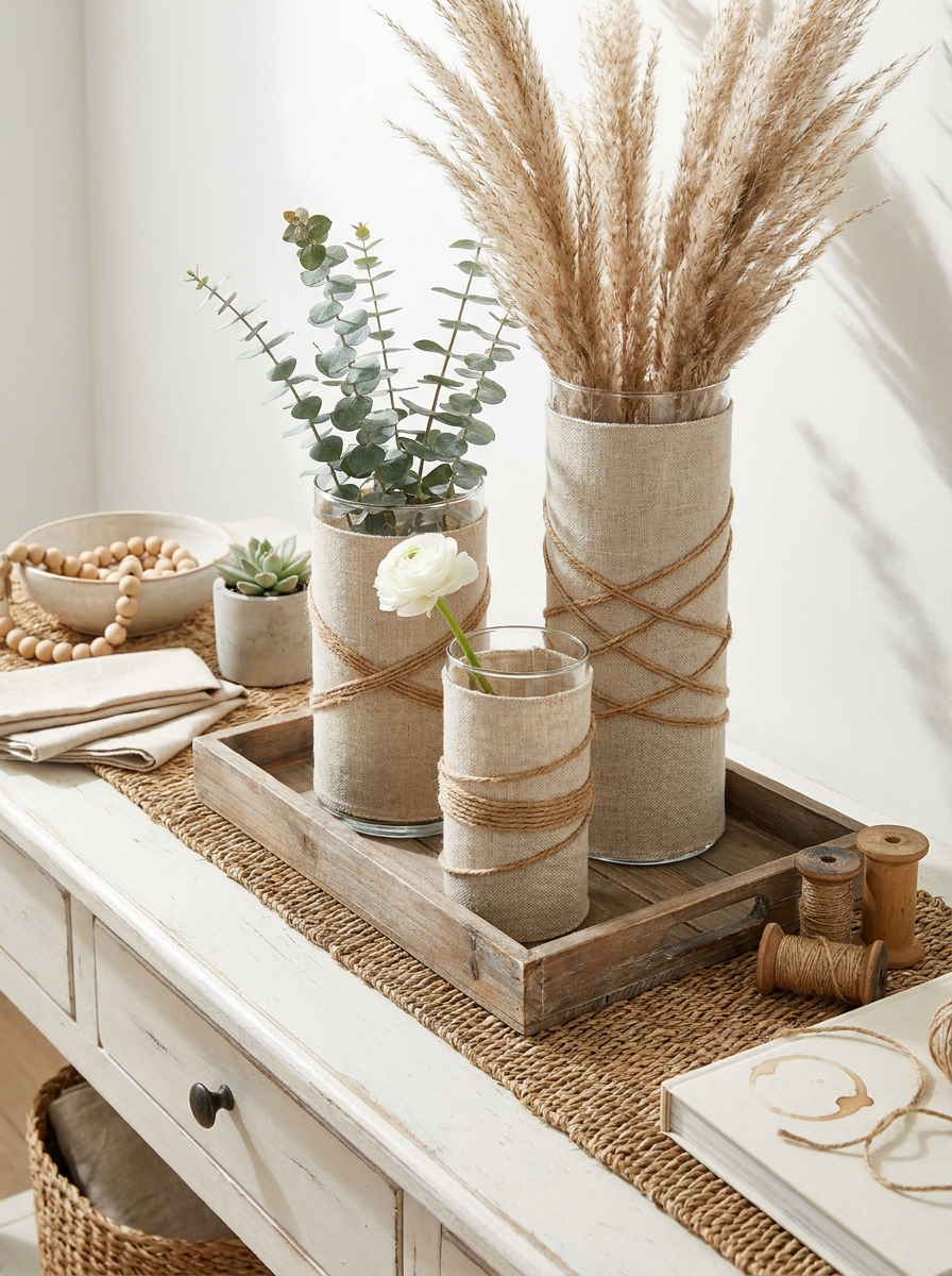Linen-Wrapped Cylinder Vases with Natural Twine