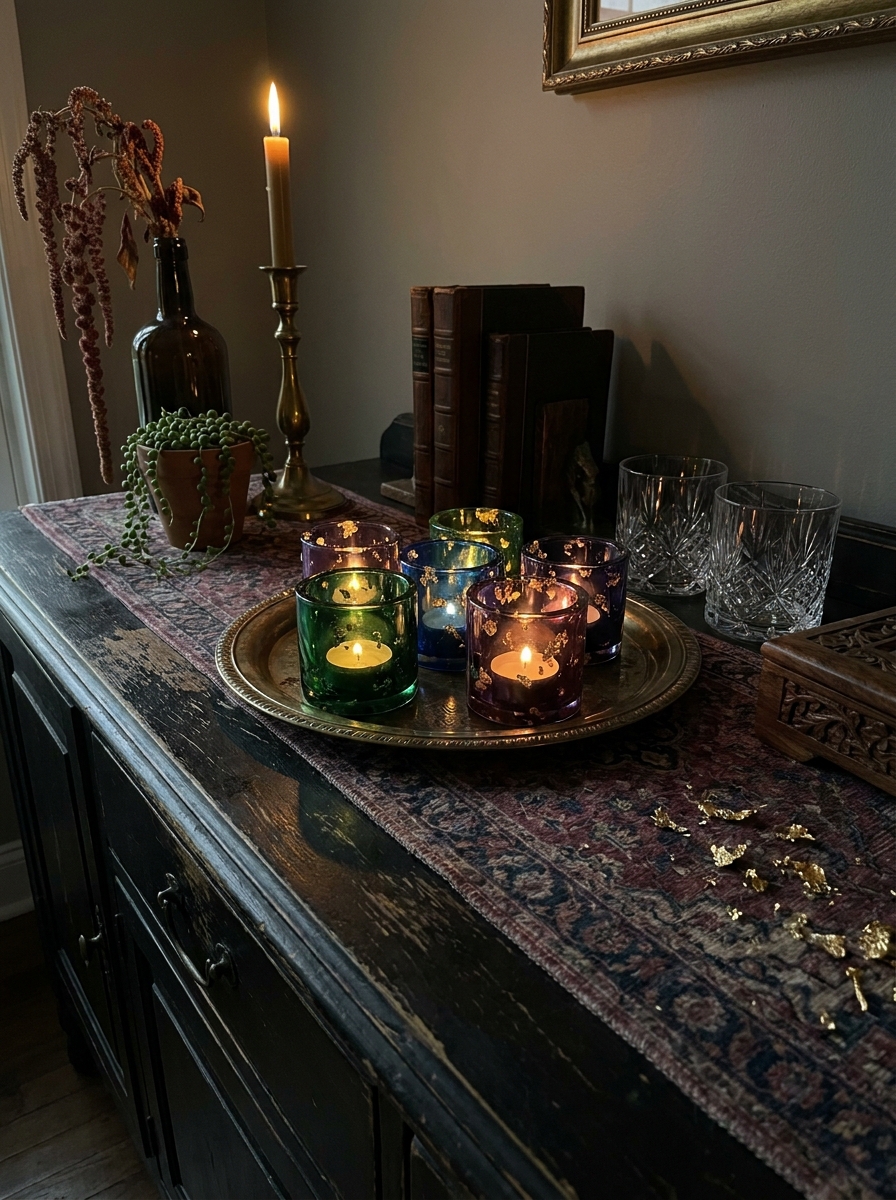 Jewel-Toned Resin Votive Holders with Gold Flakes