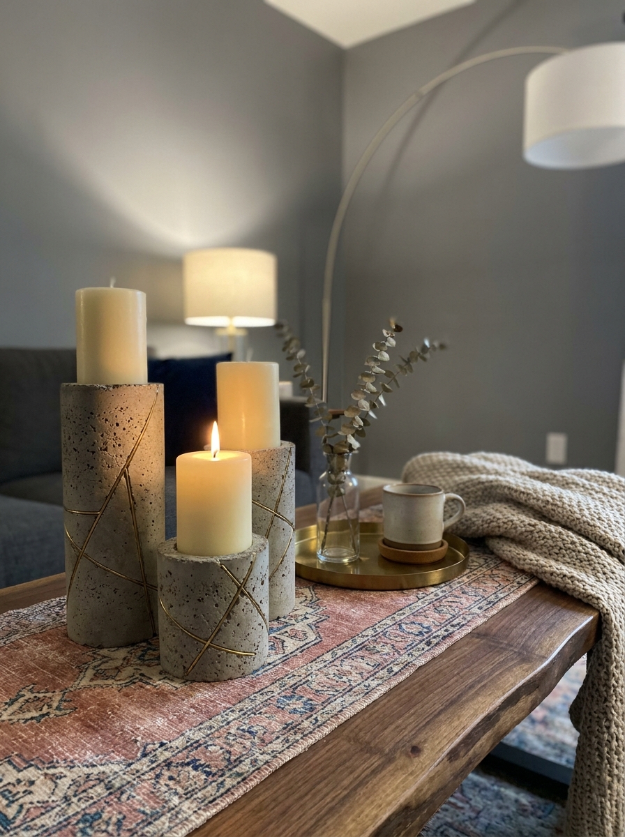 Concrete Pillar Candle Holders with Brass Accents