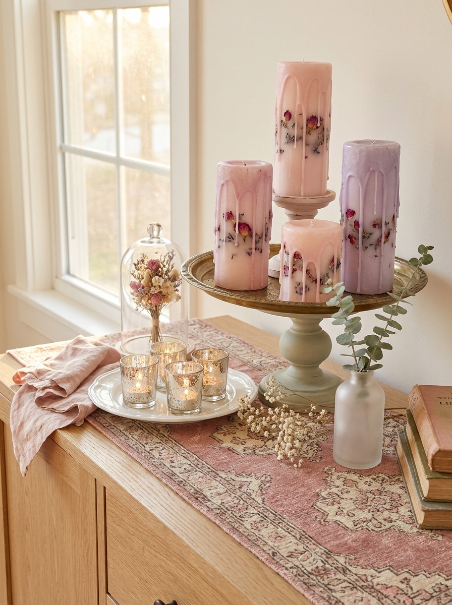Watercolor-Dripped Pillar Candles with Embedded Petals