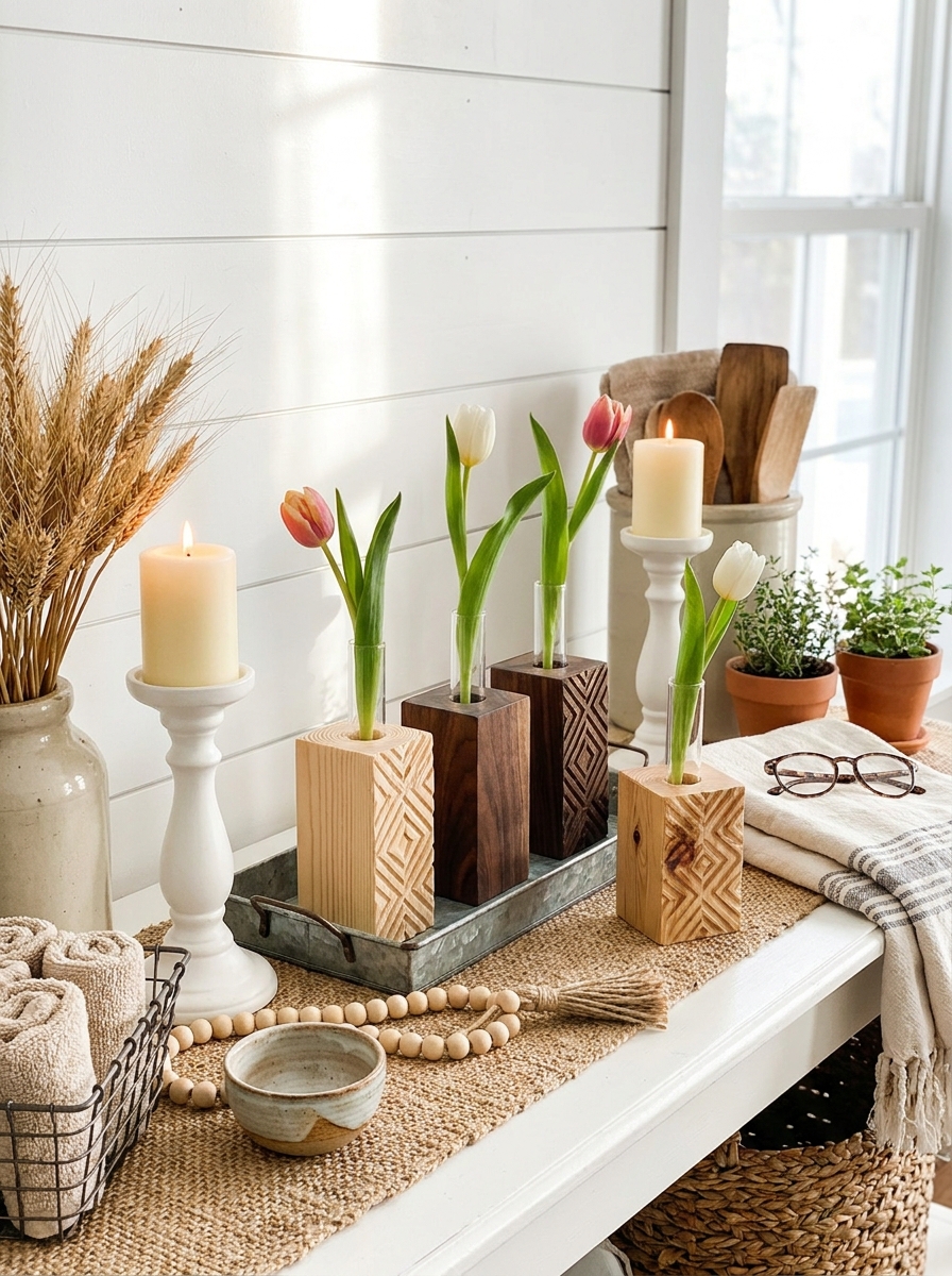 Carved Wood Block Vase Inserts with Glass Tubes