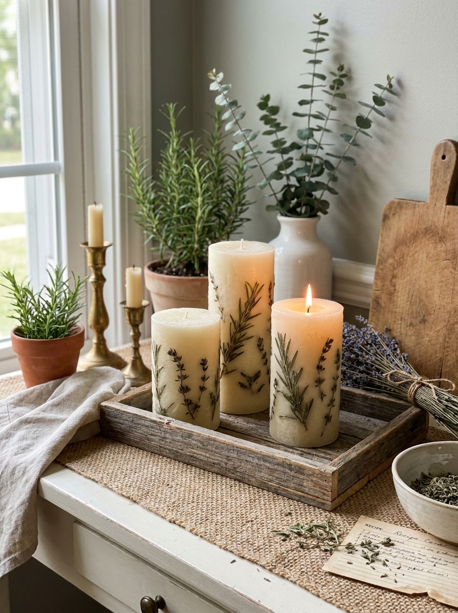 Textured Wax Pillar Candles with Dried Herb Embeds