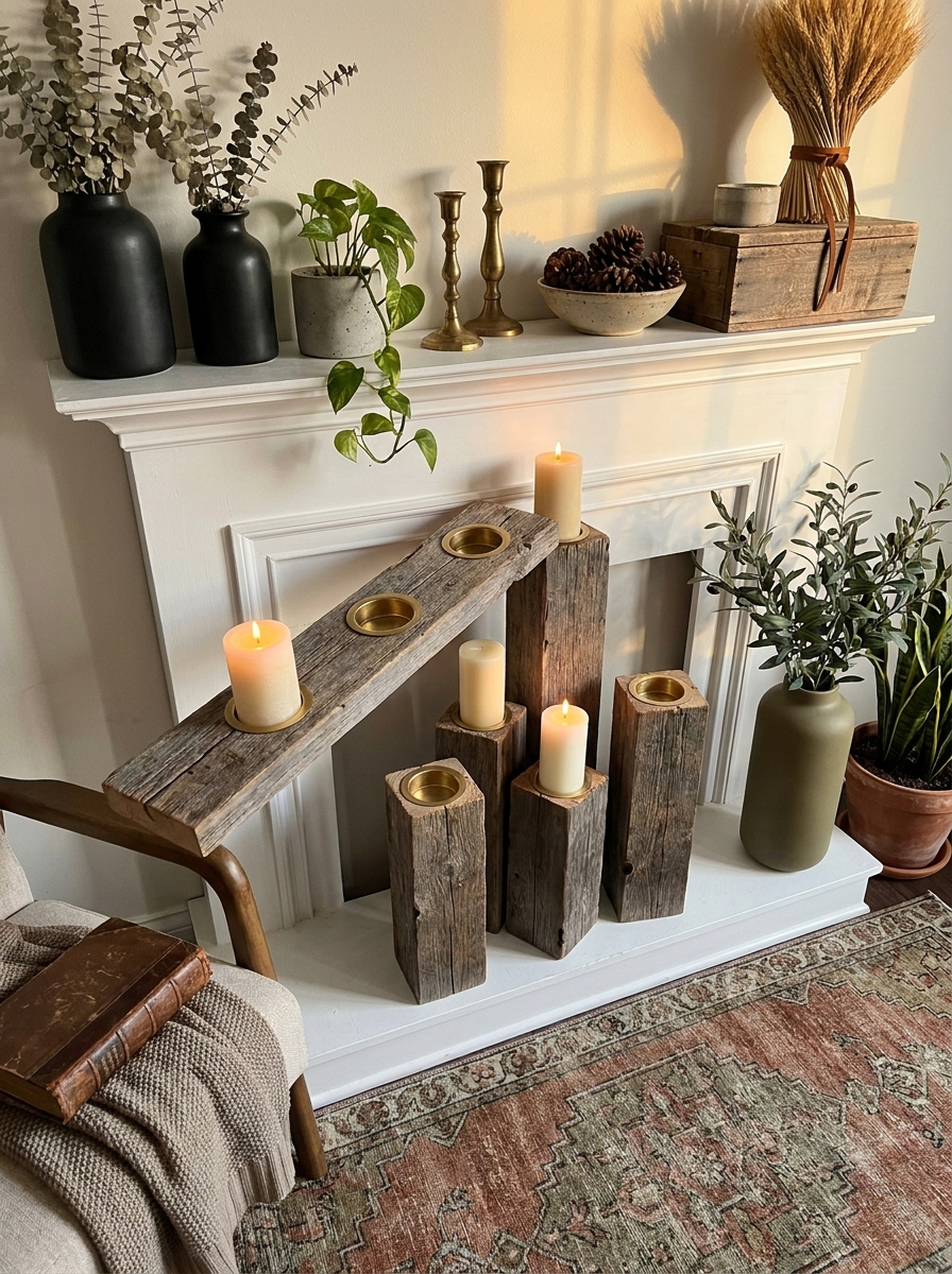 Weathered Wood Candle Platforms with Metal Insert Holders