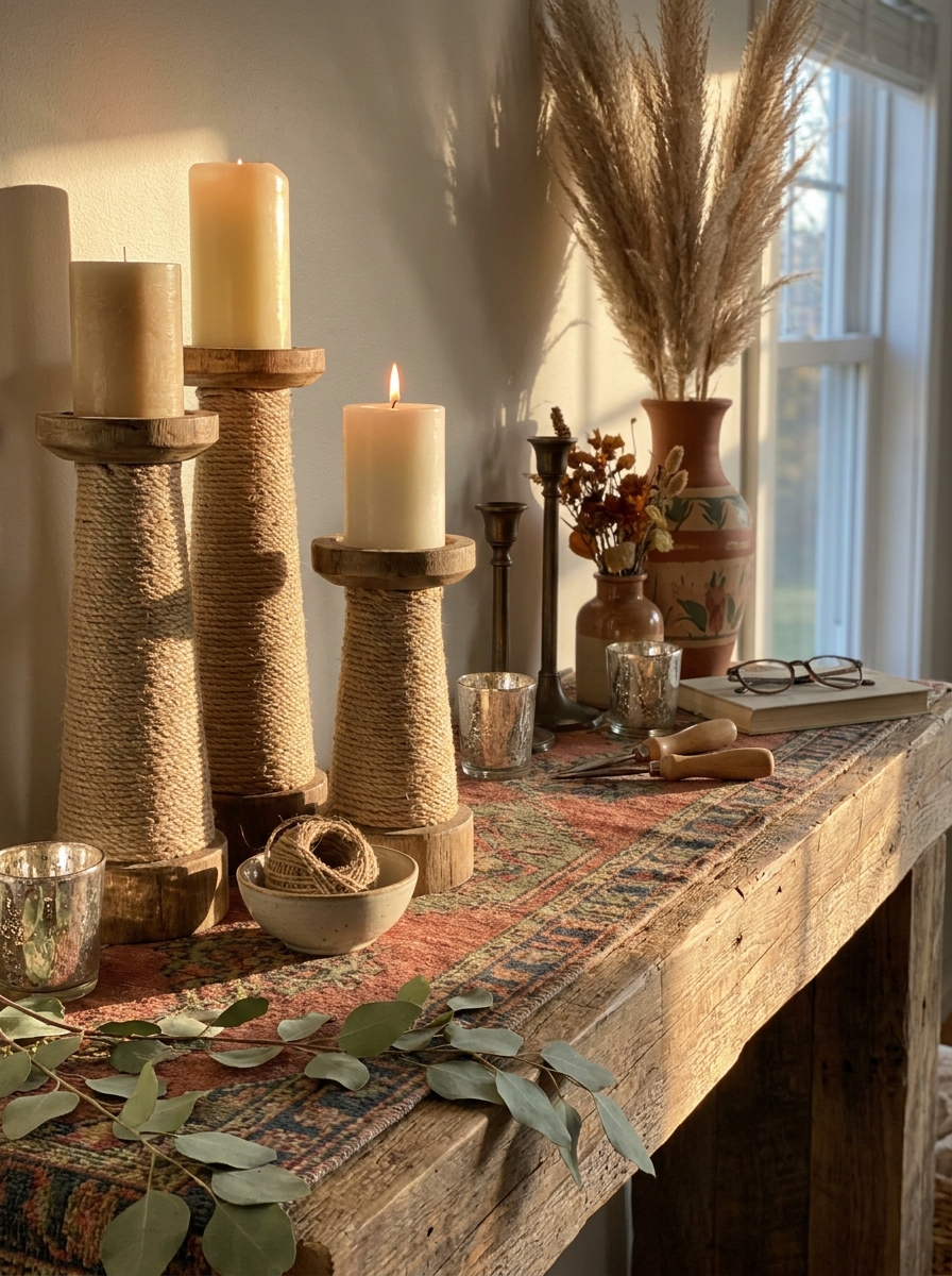 Rope-Wrapped Pillar Candle Pedestals