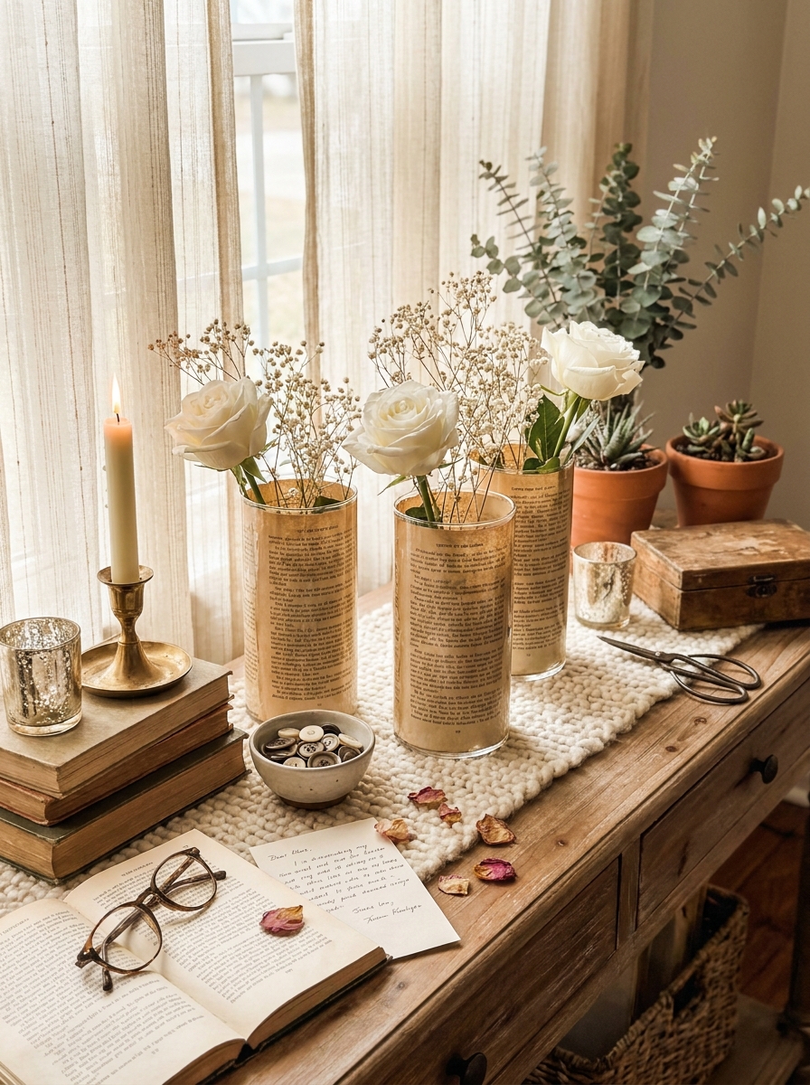 Vintage Book Page Decoupage Vases